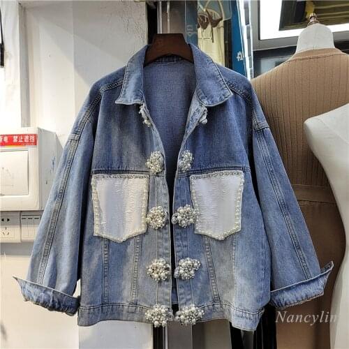 Denim Jacket Woman 2021 Spring Autumn New Fashion Pearl Knot Button Temperament Jean Coat Mujer Chaquetas Veste Femme