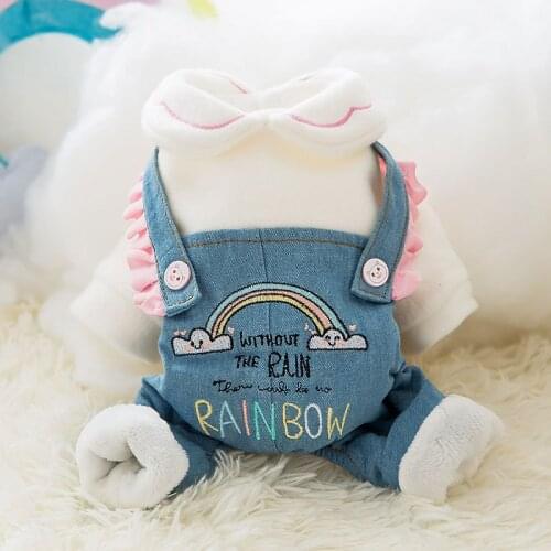 Pet Overalls Denim Rainbow Autumn and Winter Thickening Teddy Bichon Small Dog Four-Legged Clothes Warm Cat Clothes