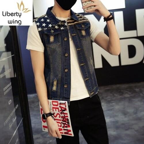 Classic Vintage Mens Jeans Sleeveless Jackets Fashion Pattern Designs College Style Ripped Cowboy Frayed Denim Vest Tanks