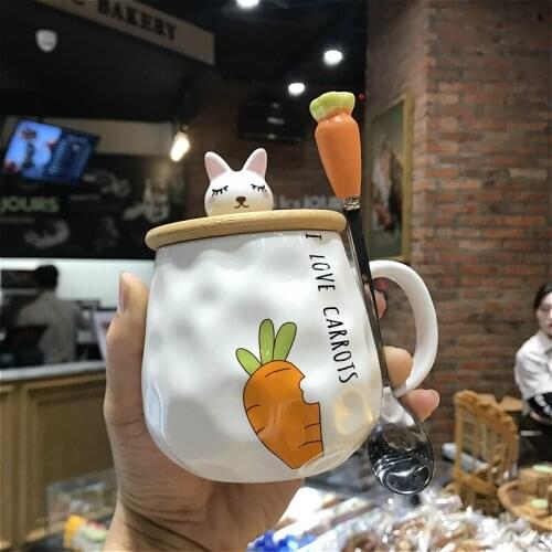 Creative Cute Pattern Mug with Lid Spoon Cartoon Personality Ceramic Cup Coffee Cup Home Breakfast Milk Cup Office Cup