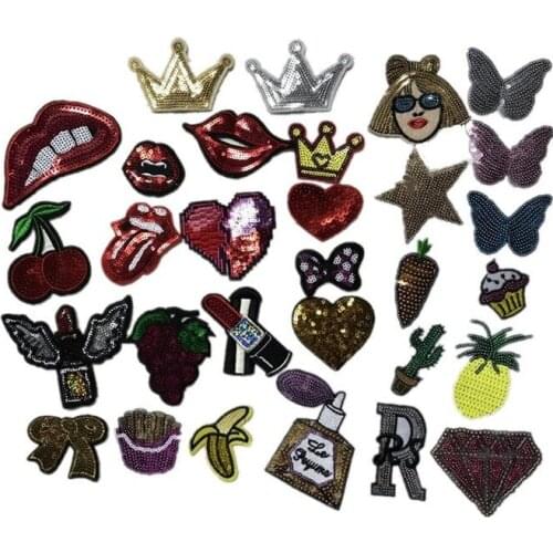 50pcs/Lot Embroidery Patches Letters Clothing Decoration Accessories Sequins Crown Lips Diy Iron Heat Transfer Applique
