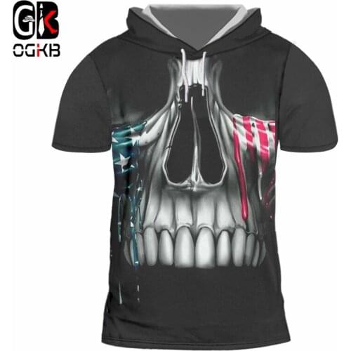 OGKB Unisex Hiphop Streetwear Punk Stlye Short Sleeve Hooded Tshirt Summer Women/mens 3d Print Skull Teeth T-shirts With Cap
