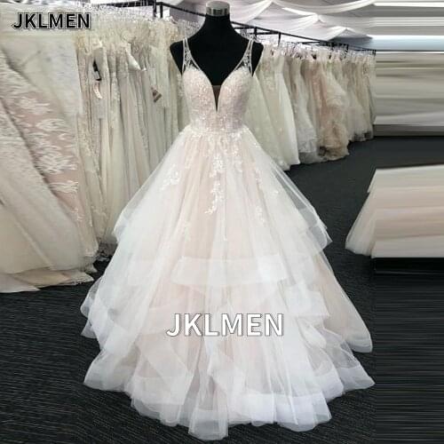 Sleeveless A-line Wedding Dress V Neck Sexy Backless Bridal Gown Vestido De Novia Ruffle Skirt Wedding Dresses 2021