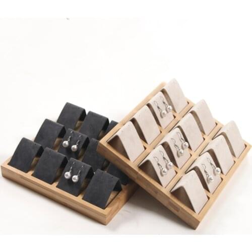 New Bamboo Jewelry Tray Beads Organizer Box Wedding Earring Holder Beige Velvet Show Rack Jewellery Packaging Case Display Stand