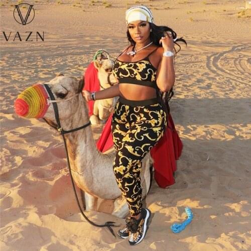 VAZN 2020 Hot Sale Women Print Sleeveless Bandage Sport Set Tracksuit Sexy Suit Two Piece Set Sport Running Lady Sets