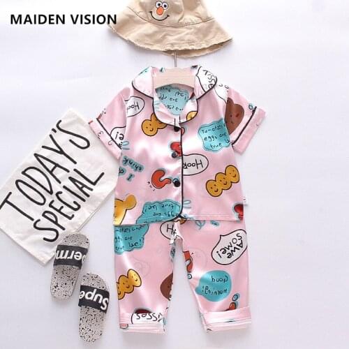 Spring summer Childrens pajamas set Baby suit Kids Clothes Toddler Boys Girls Ice silk satin printing Tops Pants Set home Wear