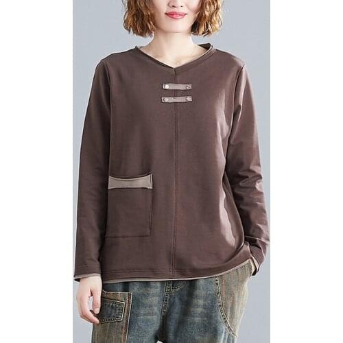 100% Cotton Women Long Sleeve Casual T-shirts New Arrival 2021 Autumn Simple Style V-neck Loose Female Tops Tees B908