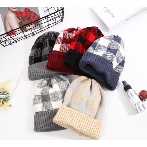 Womens Hats Autumn and Winter Mixed Color Plaid Knitted Hats Set Thick Warm Outdoor Woolen Hats Mens Beanies