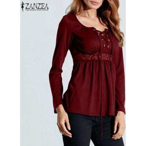 ZANZEA Women Tops 2021 Autumn Lace Patchwork Blouses Sexy V Neck Lace Up Shirts Long Sleeve Casual Slim Blusas Plus Size