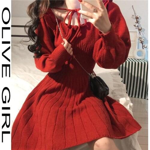 Women Winter Elegant Kawaii Mini Dress Sweet Knitted Dress Female Japanese Style Korean Party Dress Christmas Clothes Women 2021