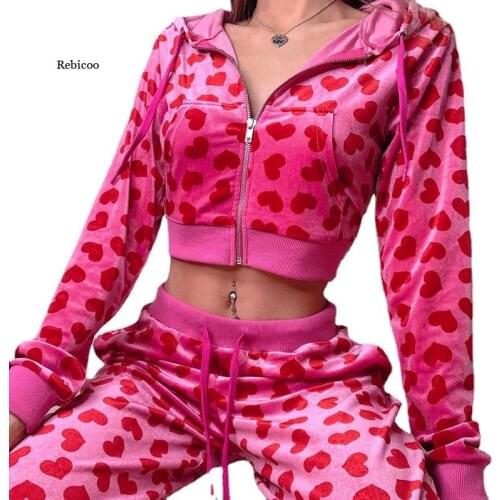 Women 2 Piece Set Heart Print Pants Suits Tracksuits E-Girls Y2K Zip Up Crop Jacket High Waist Pants Joggers Velvet Women Suit