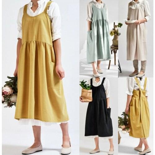 Women Lady Kitchen Apron Dress Cotton Linen Pinafore Square Cross Apron Cooking Garden Work Pinafore Dress Plus