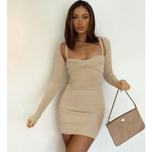 TIT Women Dress Autumn 2021 New Fashion Vintage Sexy Party Dress Twisted Sling Long Sleeve Backless Two Piece Suit Black Dress