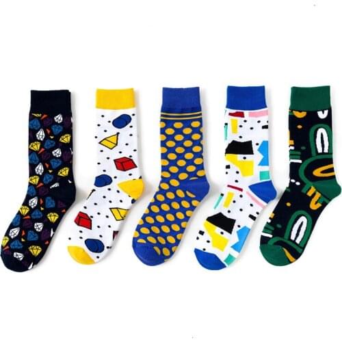 1 Pair Men Socks Combed Cotton Diamond Geometry Printed Funny Socks Mens Crew Socks For Business Causal Dress Wedding Gift