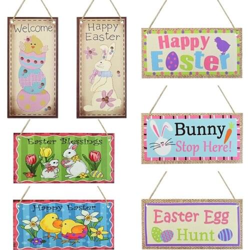 20x10cm Wood Easter Hanger Pendant Wooden Bunny Egg Happy Easter Sign Plaque for Home Door Outdoor Garden Decorations