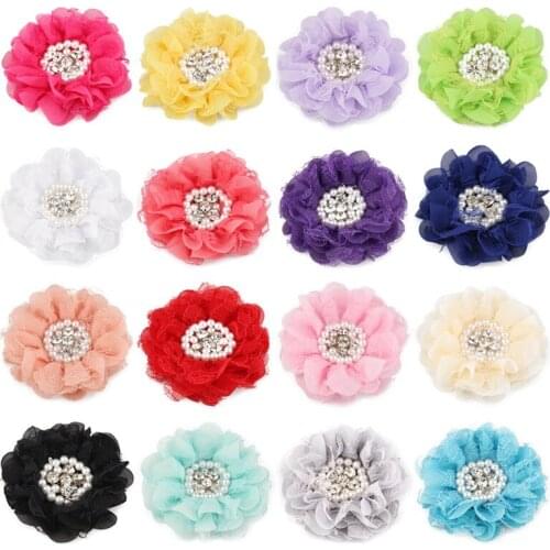 50pcs/lot 16colors 9cm Shabby Chiffon Petals Poppy Flower+Rhinestones Pearls for Baby Girls Hair Accessories/Headband/Hair clips