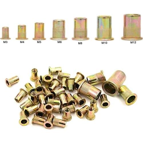 70PCS M3 M4 M5 M6 M8 M10 M12 Zinc Plated Carbon Steel Knurled Nuts Rivnut Flat Head Threaded Rivet Insert Nutsert Cap Rivet Nut
