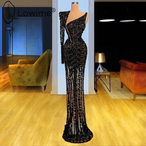 Black Sexy See Through Pearls Mermaid Evening Dresses 2021 Illusion Arabic Style Muslim Middle East Prom Party Gowns Custom Made