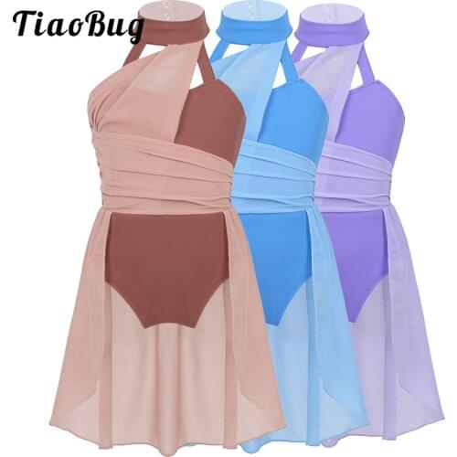 Kids Ballet Chiffon Dress Girls Caged Back Lyrical Contemporary Dance Leotard Dresses