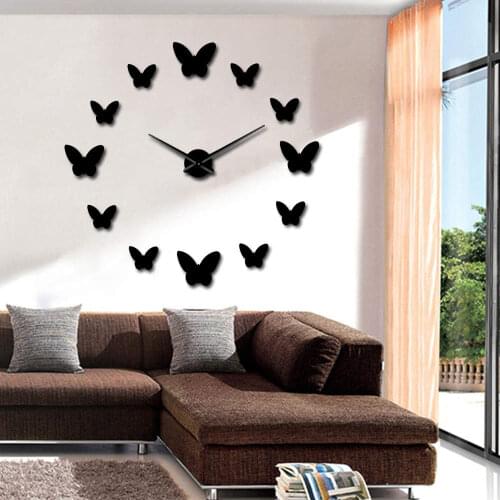 DIY Wall Clock Fashion 3D Super Big Size Mirror Wall Sticker Clock Luxurious Home Decoration Butterfly Styling Clocks