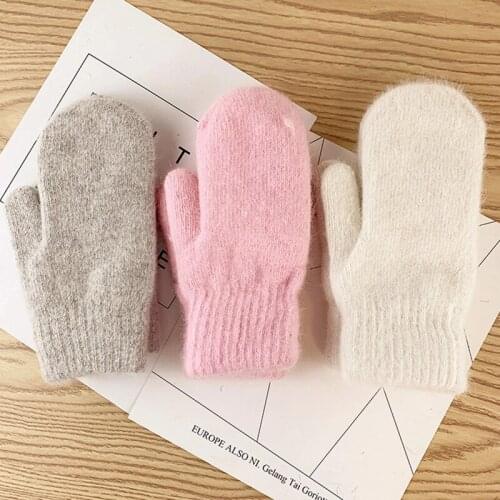 Unisex Double Layer Rabbit Fur Knit Mittens Korean Female Winter Cashmere Thicken Elastic Solid Color Cycling Warm Gloves H28