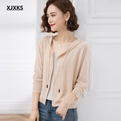 XJXKS Fashion hooded women cardigan 2021 summer autumn new solid color all-match comfortable thin sweater women zipper jacket