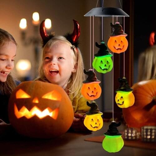 Solar Color-Changing Halloween Pumpkin Lamp Lantern Wind Chime Rotating Hook LED Light Festival Home Party Decor Pendant