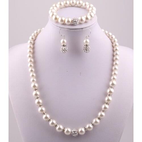 Fashion Jewelries Sets 8mm,10mm Glass Pearl Jewelry set with Spacers Pave Ball Necklace Bracelet Earring set Free shipping