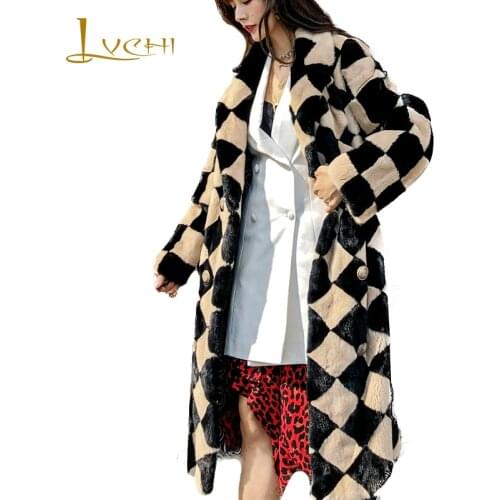 LVCHI 2019 New Winter Imported velvet Mink Coat Real Fur Coats Women Turn-Down Collar Plaid Causal Pattern X-Long Mink Fur Coats
