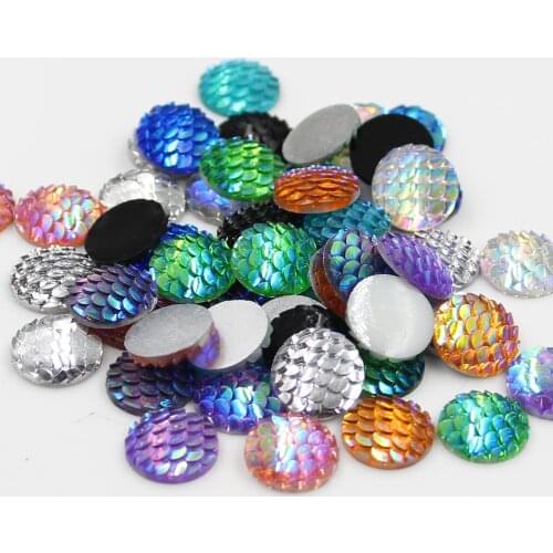 New Fashion 50pcs 12mm Mix Colors Mermaid Fish Scale Style Flat Back Resin Cabochons For Bracelet Earrings Patch Accessories