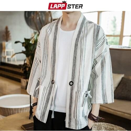 LAPPSTER Summer Stripe Patchwork Kimono Jacket 2020 Streetwear Wind Breaker Ribbons Cardigan Cotton Linen Jacket Open Stitch 5XL