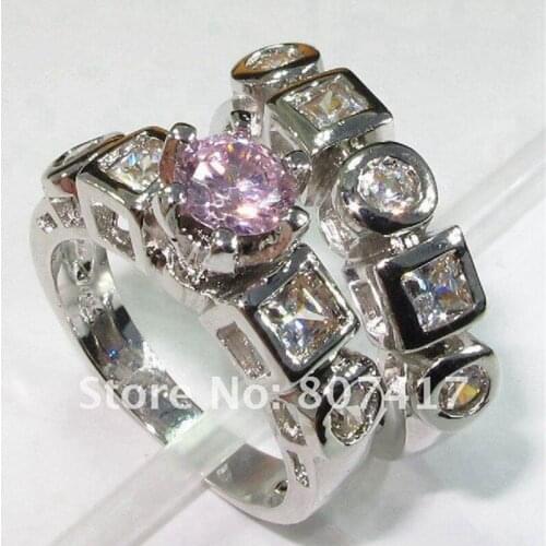 SHUNXUNZE Cute Engagement wedding rings Jewelry & Accessories for men and women Pink Cubic Zirconia Rhodium Plated R204 size 6 7