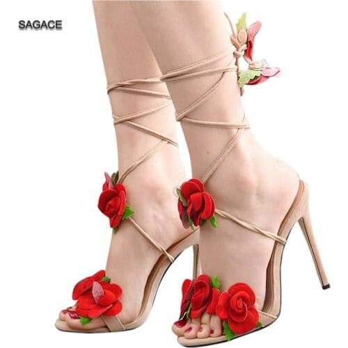 SAGACE Open Toe High Heel Shoes Flower Lace-Up Dress Pumps Stiletto Party Sandals Fashion Female Slides Summer Shoes Sandalias