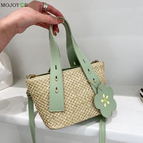 Vintage Woven PU Flower Pendant Messenger Bag Women Casual Patchwork Handbags Ins Rattan Messenger Crossbody Bag