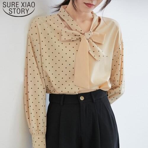 Autumn Elegant Contrast Color Stitching Shirt V-neck Wave Point Print Long Sleeve Hong Kong Style Women Bow Tie Blouses 6281 50