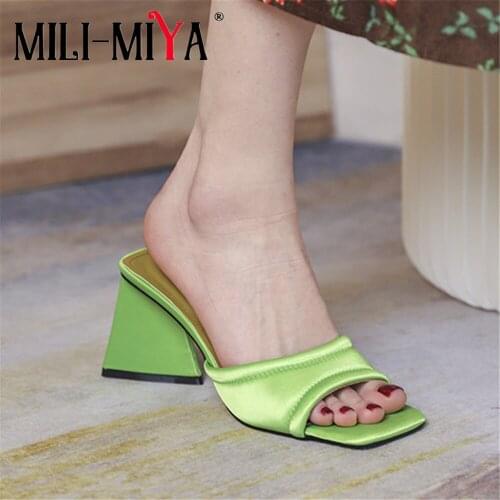 MILI-MIYA Brand New Summer Chunky High Heels Women Sandals Slippers Fashion Square Toe Flip Flops Slip On Banquet Prom Shoes