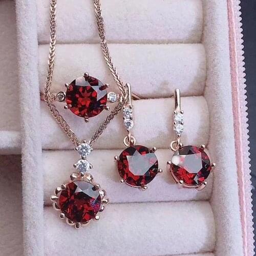 Red Crystal Ruby Gemstones Diamond Jewelry Sets for Women 18k Rose Gold Color Drop Earrings Pendant Necklaces Trendy Accessories