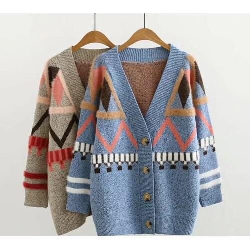 2021 Spring New Women Long Sweater and Cardigans V neck Geometric Retro Jumpers Warm Knit Coat Long Jacket Chic Sweaters