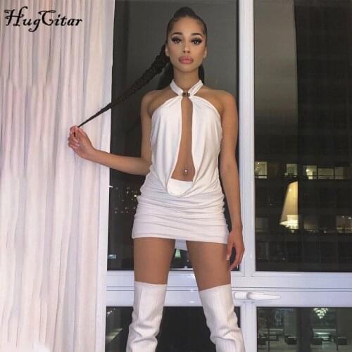Hugcitar 2021 Sleeveless Halter Solid Hollow Out Sexy Mini Dress Summer Women Fashion Streetwear Outfits Y2K Elegant Clothing