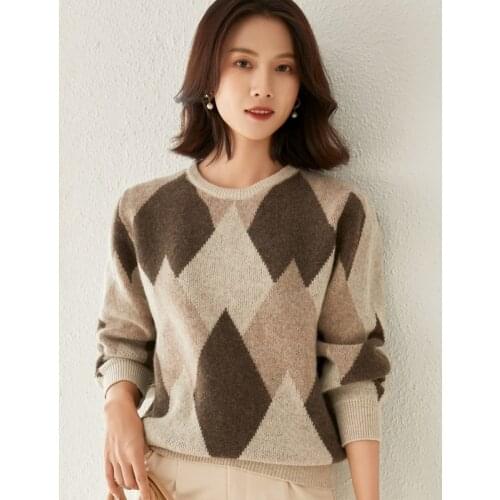 LHZSYY Cashmere Sweater New Plus Size Womens 100%Wool Autumn Winter Color Matching Wild Pullover Thick Warm Knitted Base Shirt