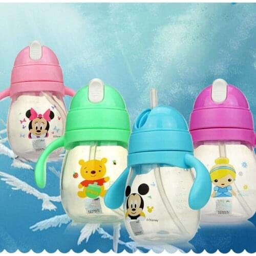 2021 New Disney Baby Straw Cup Baby Learn to Drink with Handle Water Cup 270ml Non Slip Baby Milk Bottle