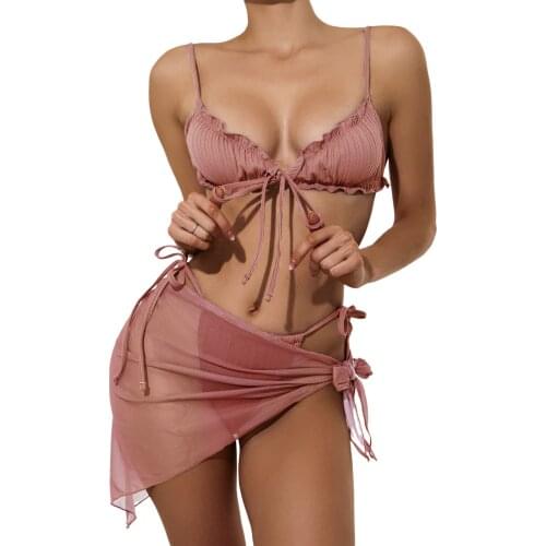 3Pcs Sexy Ladies Split Swimwear Sets Women Swimsuit Ruffles Bikini Lace-up Panties See-through Mesh Cover Ups Bikinis