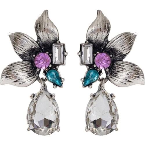 Antiqued Silver Color Flower Shaped Purple Rhinestone Pendant Drop Earring for Women Fashion Jewelry