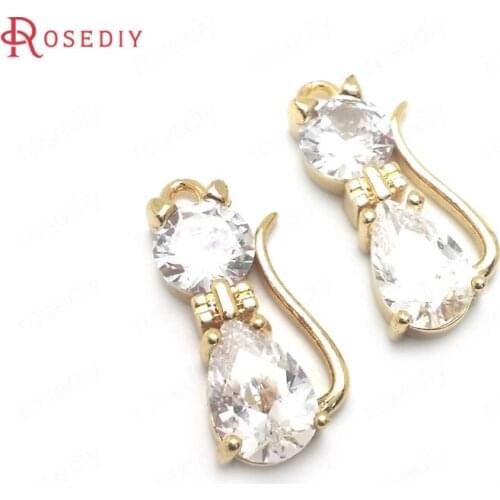 C556)6 pieces 19x9mm 24K Champagne Gold Color Brass + Zircon Cat Charms Pendants High Quality Diy Jewelry Findings Accessories