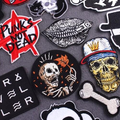 Black Punk Patch DIY Embroidery Patches for Clothing Skull Patches Iron on Patch on Clothes Stripe Sticker for jackets Applique