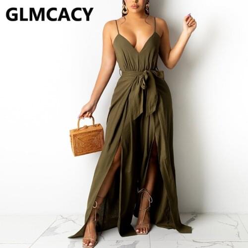 Spaghetti Strap V Neck Backless Wide Leg Jumpsuit Elegant Slit Loose Overalls