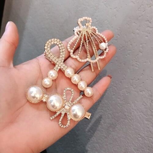 Korea Women Pearl Cross Bow Shell Hairpin Hair Accessories Rhinestone Girl Side Clip Elegant Fashion Temperament Clip Headdress