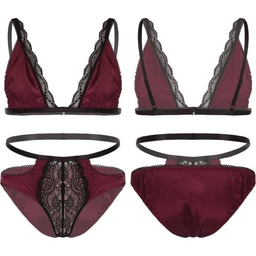 IEFiEL Mens Male Satin Lingerie Exotic Set Lace Trimming Bra Tops with Jockstraps Pouch Briefs Panties Costumes Clubwear