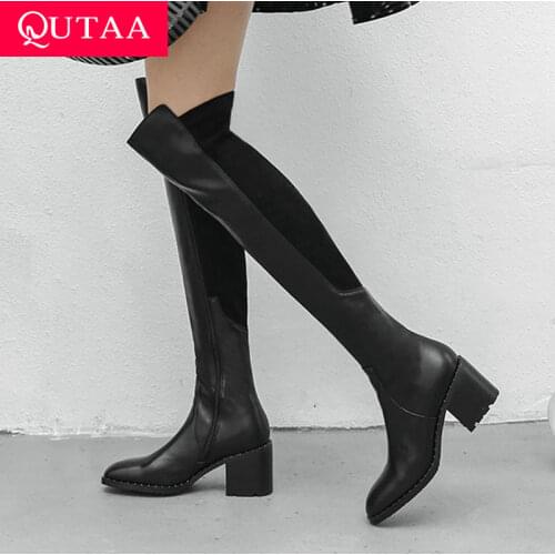 QUTAA 2022 Women Over The Knee High Boots All Match Round Toe Winter Shoes Cow Leather Square High Heel Women Boots Size 34-40