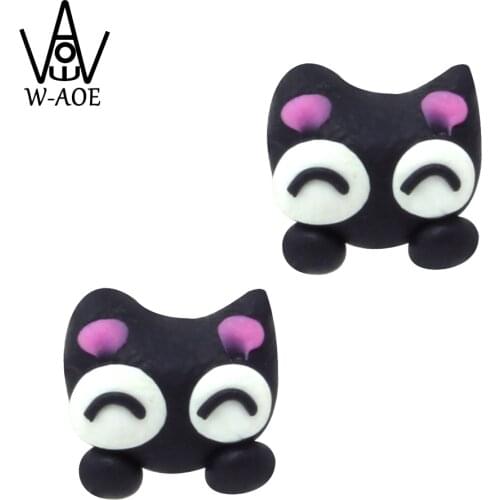 W-AOE Brand DIY Handmade Cartoon Cute 3D Cat Stud Earrings For Women Girl Polymer Clay Animal Earring Kid Best Gift Wholesale